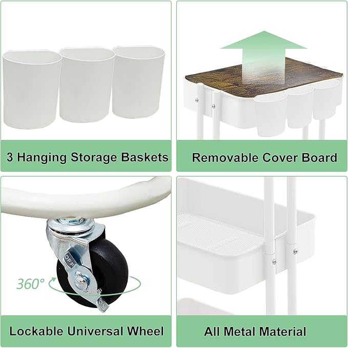 Melody House 3-Tier Metal Utility Rolling Cart Storage Side End Table with Cover Board for Office Home Kitchen Organization, Cream White