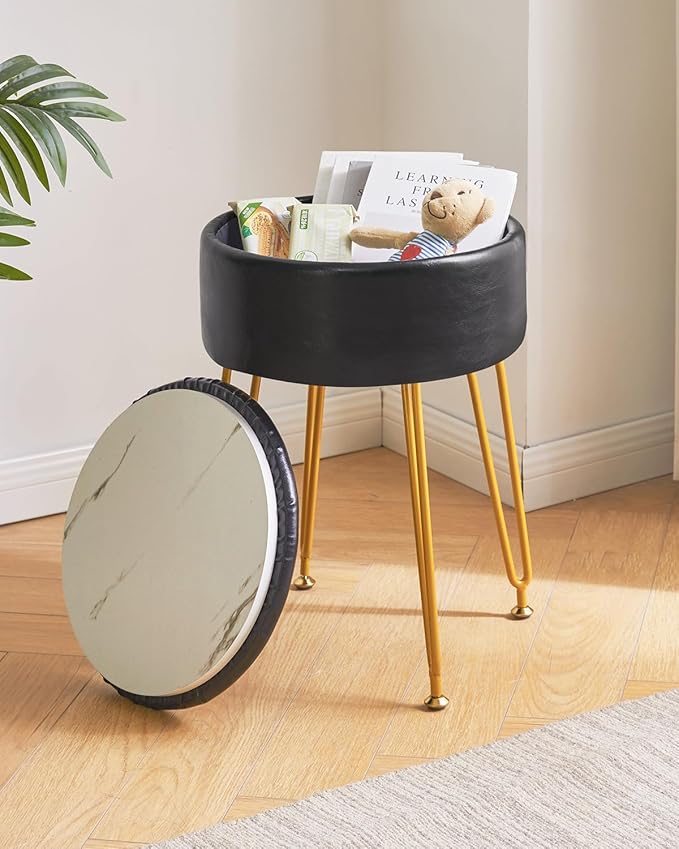 IBUYKE Faux Leather Round Footrest Stool with Storage Ottoman, Makeup Vanity Chair Side Table, PU Dressing Table Seat, Removable Cover, Golden Steel Legs, Black WBD024B