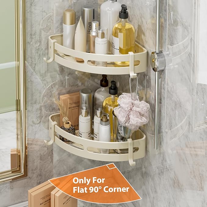 Adhesive Shower Corner Caddy,Heavy Duty Shower Corner Shelves Rack with 8 Hooks and 1 Towel Bar,Rustproof Bathroom Organizer No Drilling Wall Mounted(2-Pack-Cream)