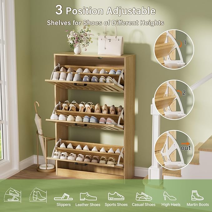 Shoe Storage Cabinet for Entryway with 3 Flip Drawers, Wooden Shoe Organizer with Adjustable Shelf, Freestanding Wood Fluted Panel Shoes Cabinet Closed Shoe Rack for Hallway, Foyer, Nature Oak-NeatNest