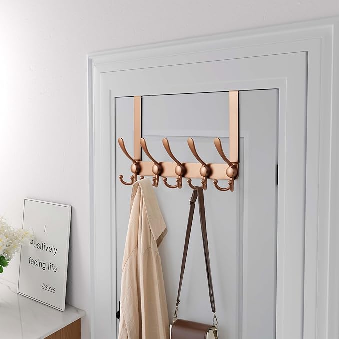 Dseap Over Door Hook 2.0 - Upgraded Version - Simple-Assembly, Strong, Heavy-Duty Stainless Steel 5-Tri-Hook Over The Door Hanger Rack, SimpleStrong Series, Rose Gold, Pack of 2