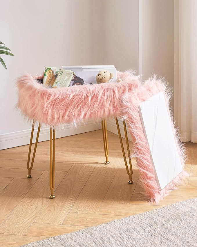 IBUYKE Rectangular Faux Fur Vanity Stool with Storage, Furry Makeup Chair Ottoman, Soft Padded Seat, Round Footrest Footstools with 4 Metal Legs, for Living Room Bedroom Entryway, Pink WBD022P