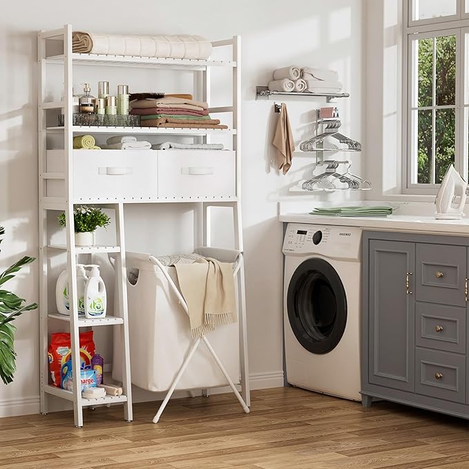 Homykic Over The Toilet Storage Shelf with 2 Fabric Drawers, Bamboo Above Toilet Organizer Tower Rack with Toilet Paper Holder Stand, Bathroom Space Saver, Mass Storage, No Rust, White