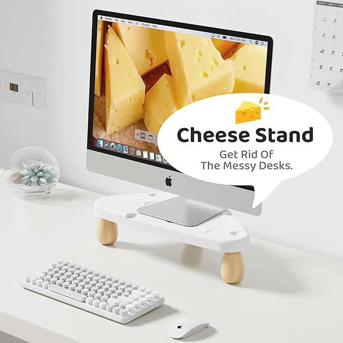 Cute Monitor Stand Riser,Cheese-Shaped Sturdy Desktop Computer Stand Wood White Monitor Riser for Laptop, PC, Computer,White-NeatNest