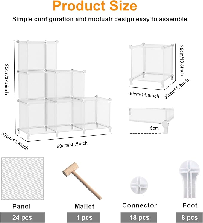 AWTATOS Cube Storage Organizer, Closet Organizers and Storage, 6 Cube Shelves Bookshelf, DIY Stackable Plastic Clothes Organizer Shelving for Bedroom, Home, Transparent Twill
