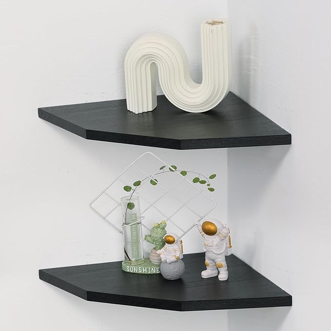 Corner Wall Shelves Set of 2, Rustic Wood Corner Floating Shelves with Cable Raceway, Wall Mount Storage Display for TV Accessories, Baby Monitor, Speaker, Cable Box (Black, Diamond- 12 Inch)-NeatNest