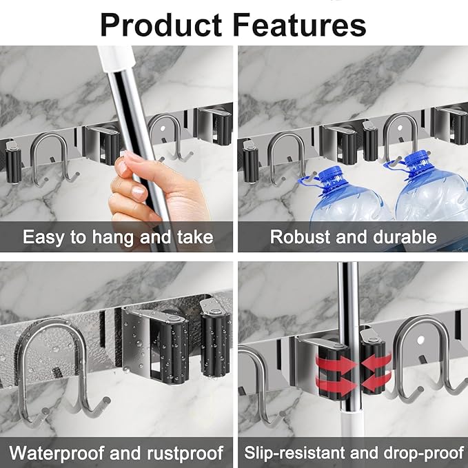 Mop Broom Holder Wall Mount, 2 Packs Silver Stainless Steel Tool Storage Organizer for Kitchen Garden Garage Laundry Room Bathroom and RV with 4 Slots 6 Hooks-NeatNest