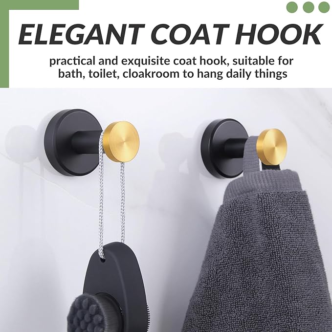 APLusee Bathroom Robe Towel Hook 2 Pack, Stainless Steel Round Clothes Holder, Toilet Bath Kitchen Door Wall Mounted Hanger, Black Gold