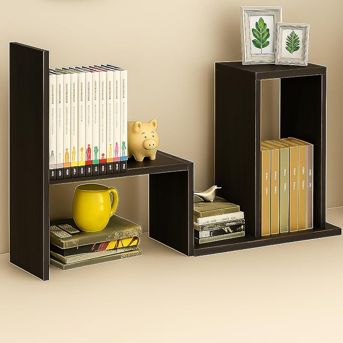 Desktop Shelf Organizer, Adjustable Wood Office Storage Rack, Counter Display Small Bookshelf for Home/Office/School(Dark Walnut)-NeatNest