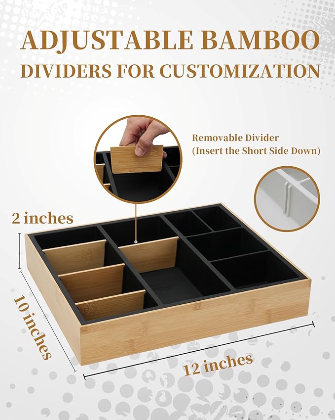 Bamboo Desk Drawer Organizer Tray, Silicone Sturdy Junk Drawer Organizer with 10 Adjustable Compartments, Desk Organizers and Accessories with 4 Removable Dividers for Office Home (White)-NeatNest