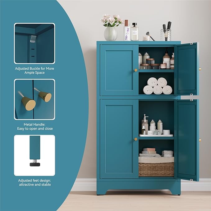 Bathroom Floor Storage Cabinet, Freestanding Accent Cabinets with 4 Doors and 2 Adjustable Shelves,Teal Blue Metal Locker Cabinets for Restroom, Kitchen,Living Room,Hallway