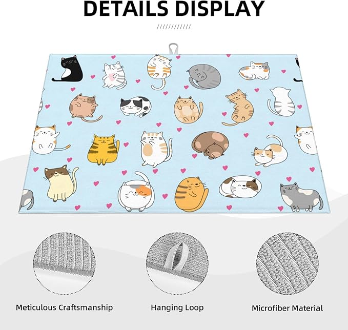 Cute Cat Dish Drying Mat 18 x 24 Inch for Kitchen Counter Cute Kitchen Mat Microfiber Kitchen Countertop Absorbent Reversible Drainer Rack Pad Dish Drying Mat-NeatNest
