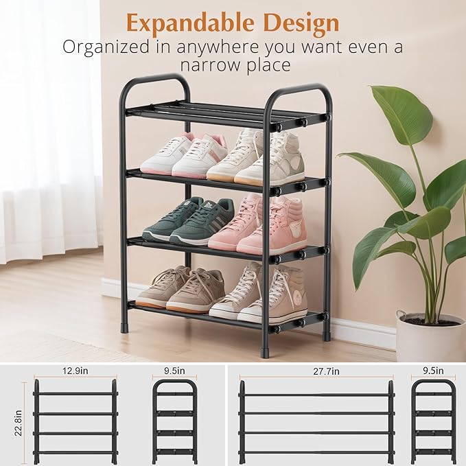 INSMART 4-Tier Expandable Shoe Rack, Stackable and Adjustable Shoes Organizer Storage Shelf, Sturdy and Durable Metal Structure Free Standing Shoe Rack for Closet Entryway Doorway-NeatNest