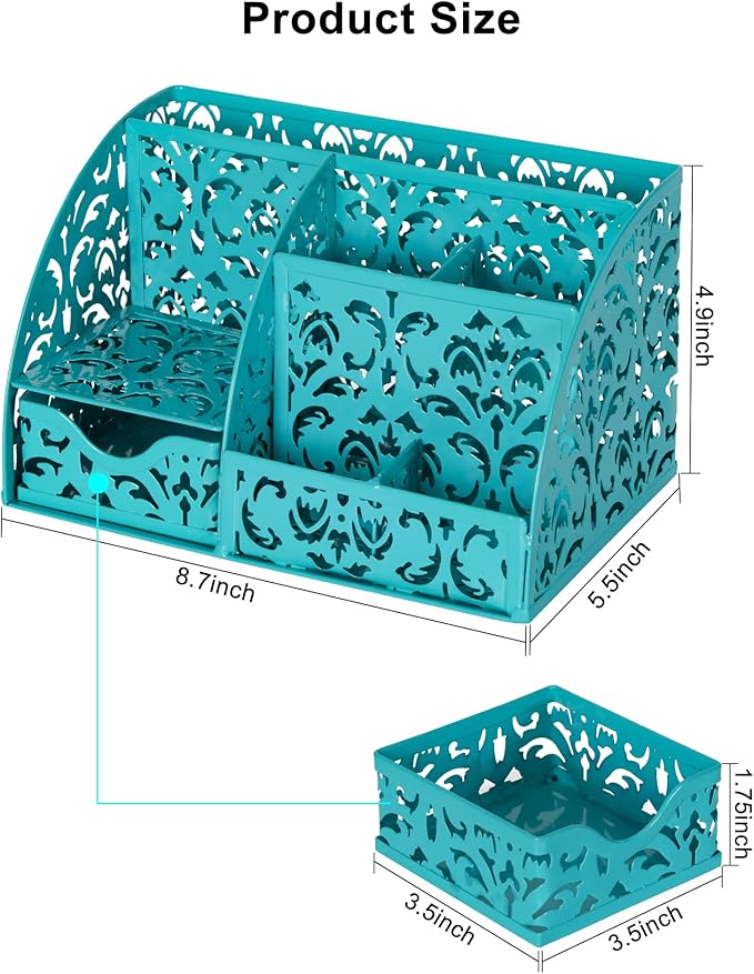 EasyPAG Desk Organizer with Sliding Drawer - 6 Compartments Metal Desktop Caddy, Decorative Elegant Hollow Flower Design, Anti-Scratch Pads for Home, Office, School, Dark Teal-NeatNest