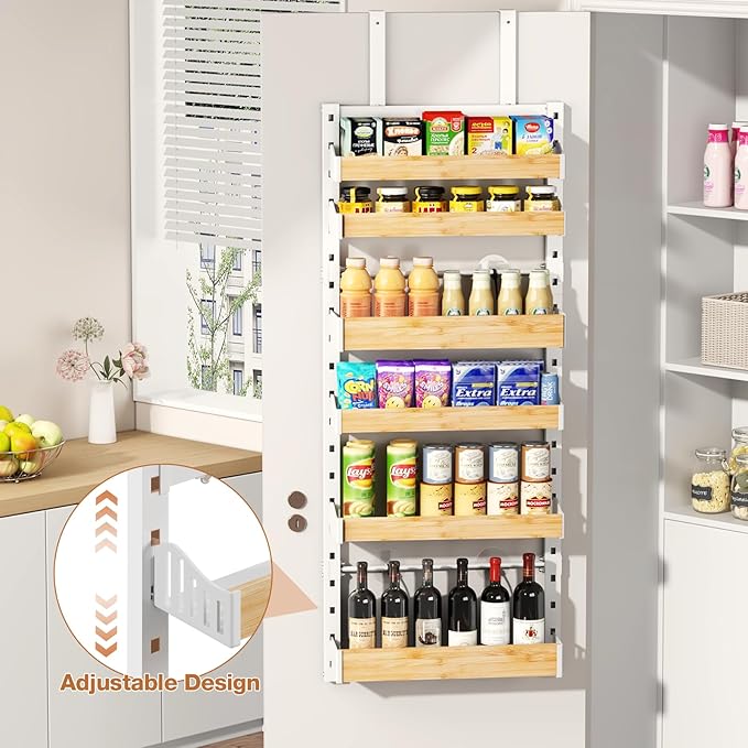 6-Tier Over The Door Pantry Organizer, Heavy-Duty Metal Wall Mount or Hanging Spice Rack, behind the door storage Shelves with Adjustable Basket, Back of Door Organizer for Kitchen Cabinet and Closet