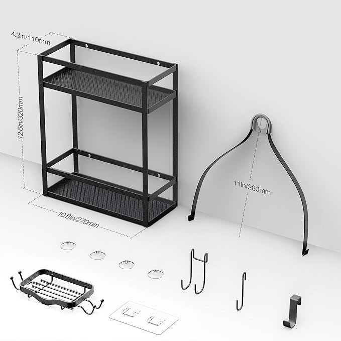 Meangood Shower Caddy Organizer with Soap Holder,Mounting Over Shower Head Or Door,Extra Wide Space for Shampoo, Conditioner, and Soap with Hooks for Razorsand More, Matte Black