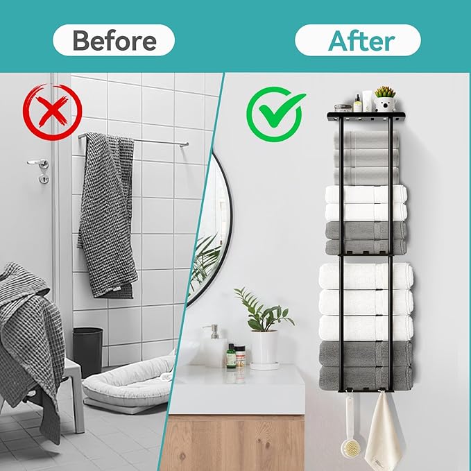 Towel Racks for Bathroom, 36.6 inch Metal Towel Storage, 8 Large Bath Towels Capacity, 3-Tier Towel Holder for Bathroom, with Shelf & 6 Hooks, Wall Mounted Towel Rack for Rolled Towels, Black