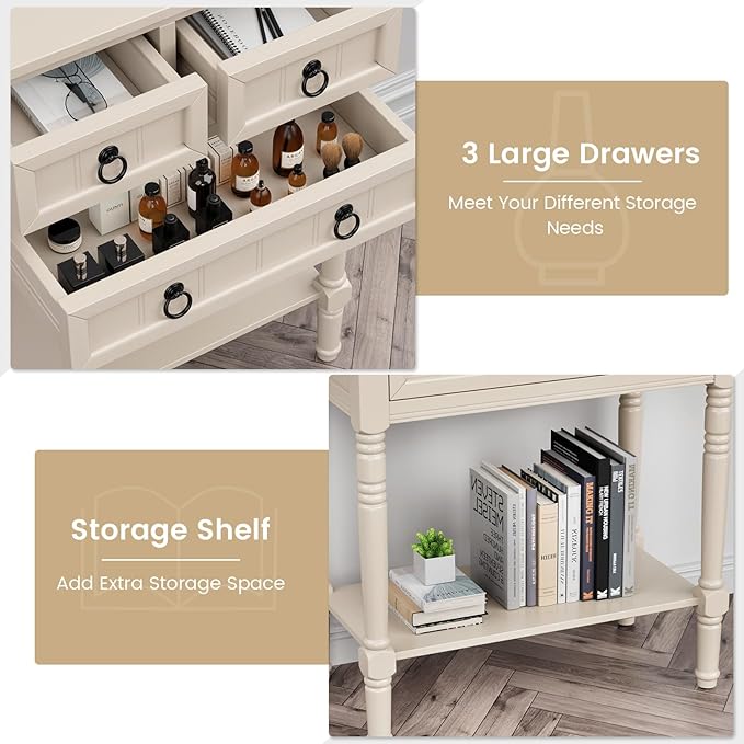 Giantex Entryway Table with Storage, Rustic Small Console Table w/ 3 Drawers & Open Bottom Shelf, Skinny Wood Console Table, Narrow Sofa Side Table for Living Room, Foyer, Hallway, Entry Table, Beige-NeatNest