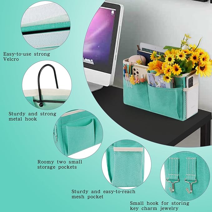 Bedside Caddy Bedside Storage Organizer Hanging Bunk Bed Dorm Room with Side Pockets for Water Bottles, Books, Cell Phones, Headphones (Light Blue)-NeatNest