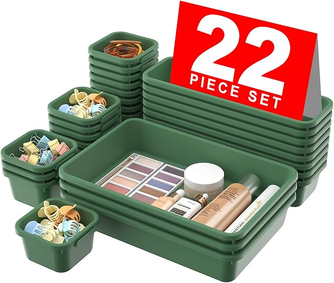 A-LuGei 22Pcs Army Green Minimalist Plastic Drawer Organizer, Storage Bins for Vanity, Bathroom, Kitchen, Office, Craft Room-NeatNest