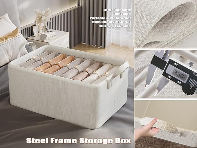 AARAINBOW 4 Pcs Closet Clothes Organizer with Handle, Fabric Storage Box with Steel Frame Stackable Shelf Storage Baskets Foldable Fabric Storage Baskets for Organizing Clothes Toys, 23L (B 4 White)-NeatNest