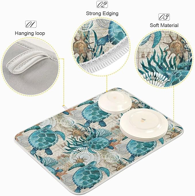 Absorbent Dish Drying Mat for Kitchen Counter - Watercolor Lake Bottom Microfiber Drying Pad, Reversible Drainer Mats for Countertop, Small 16 x 18 inch