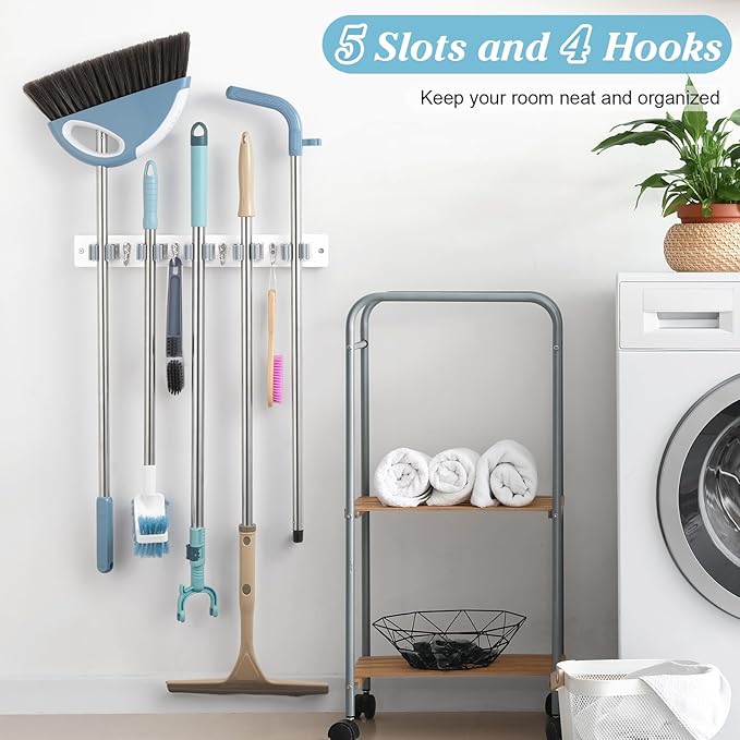 White Broom Holder Wall Mount - Heavy Duty Wood Mop and Broom Organizer with 5 Slots & 4 Hooks - Garden Tool Hanger for Laundry Room Closet Kitchen Garage Storage and Organization - Modern Home Decor-NeatNest