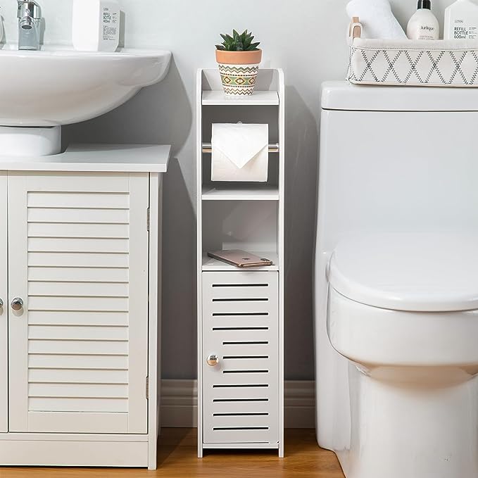 AOJEZOR Toilet Paper Holder Stand: Bathroom Storage Cabinet Beside Toilet for Small Space Bathroom with Toilet Roll Holder - White-NeatNest