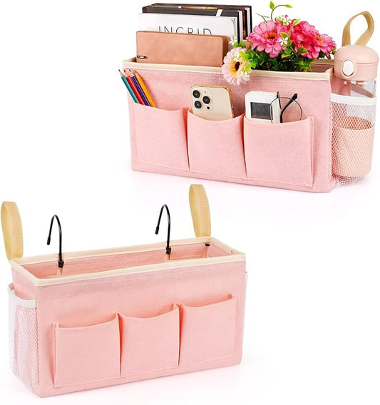 Bedside Caddy Bedside Organizer Bedside Storage Caddy with Fixed Straps and Water Bottle Holder for Home College Dorm Bunk Bed Hospital Bed Crib Bed Rails (2pcs Pink)-NeatNest