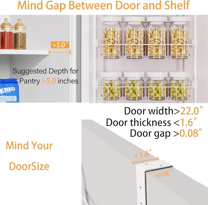 Over The Door Pantry Organizers, Pantry Door Organizer and Storage with Adjustable Baskets,Heavy-Duty Metal Spice Rack,Over The Door Organizers for Kitchen,Bathroom (White, 8tier)