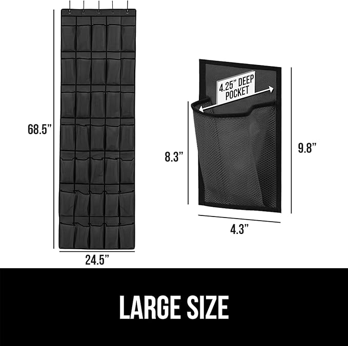GORILLA GRIP Over the Door Shoe Organizer, 35 Large Breathable Mesh Pockets, Space Saving Hanging Storage Holder, 5 Hook Closet Rack Hanger, Hangs on Closets for Shoes, Accessories 68.5H x 24.5W Black-NeatNest