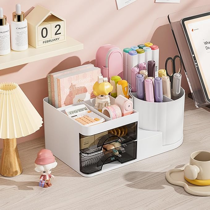 Makeup Organizer for Vanity with 2 Drawers,Countertop Rotating Makeup Brush Holder,Bathroom Organizer Holder,Cosmetic Display Case for Lipstick,Beauty,Skincare Organizer (White)-NeatNest