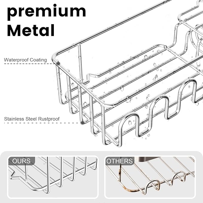 Adhesive Shower Caddy: 2 Bonus Hooks, 4-Pack Wall Mounted Bathroom Storage Shelf, Rustproof Metal Basket Organizer for Kitchen & Bathroom No Drill Silver