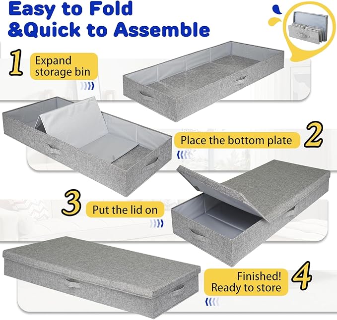 65L Jumbo Under Bed Storage, Underbed Storage Containers With Lids, Extra Large Blanket Storage Bins With Reinforced Handles For Bedroom Organization, Comforter, Clothes, Pillow -2 Pack, Grey-NeatNest
