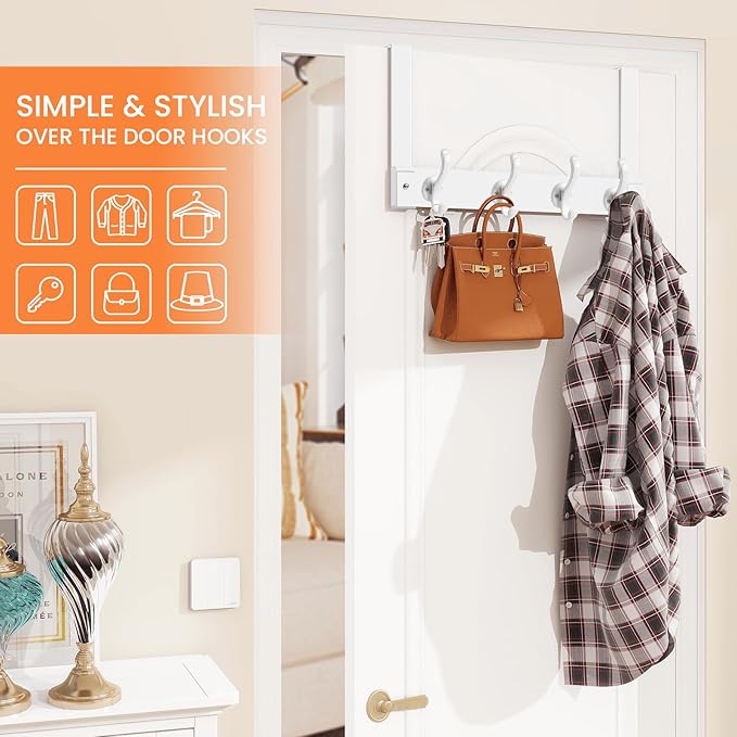 Homode Over The Door Hooks Heavy Duty, Wood Over Door Hanger Hook, Over Door Towel Rack with Coat Hooks for Hanging Towels Clothes Hats Bags, Back of Bathroom Door, White