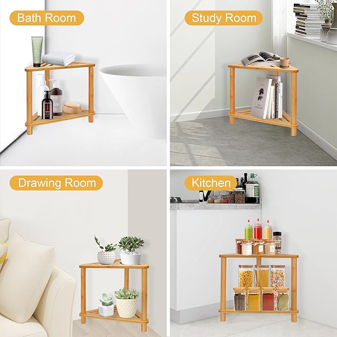 Bamboo Corner Shower Stool for Inside Shower Shaving Legs, Waterproof Bathroom Bench Seat with Storage Shelf for Small Spaces, Foot Rest, Bath Seat