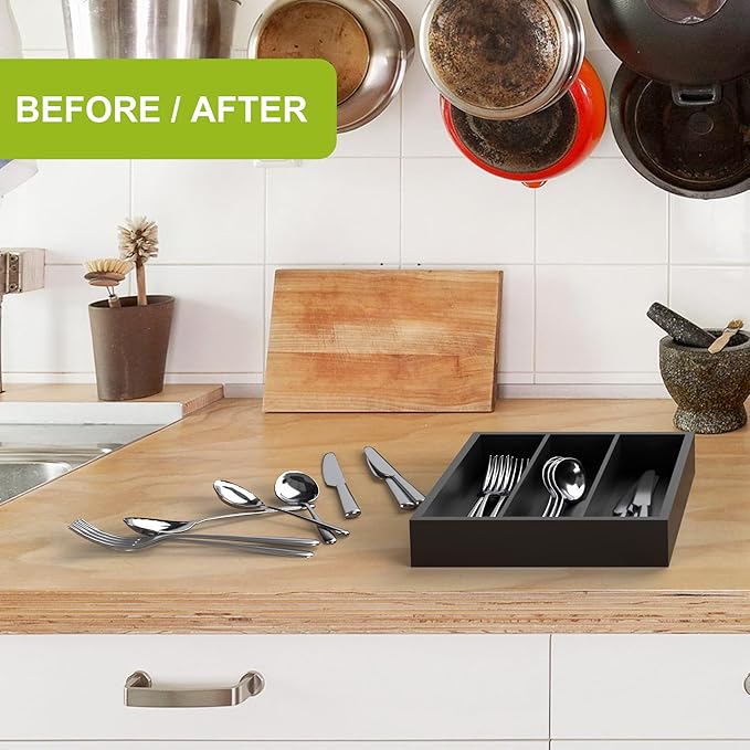 Bamboo Utensil Drawer Organizer, Silverware Tray Organizer, Kitchen Drawer Organizer for Flatware Cutlery (Black, 3 Slots)-NeatNest
