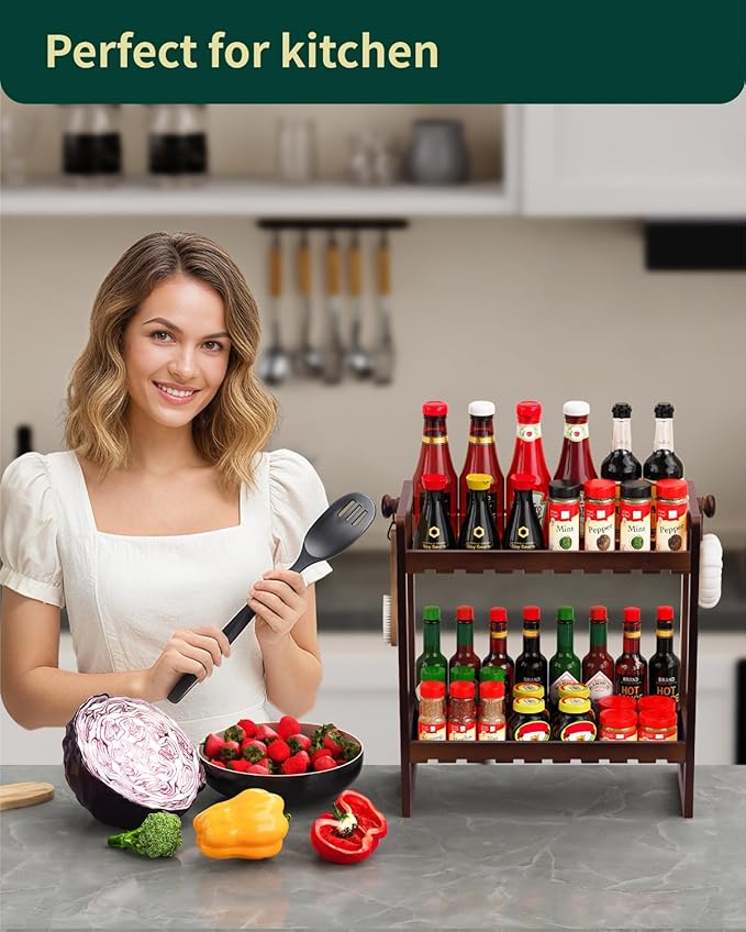 Countertop Organizer, Bamboo Spice Rack Organizer for Pantry, 2 Tier Kitchen Counter Shelf, Coffee Station Organizer,Teak-NeatNest