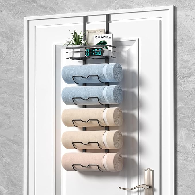 6-Tier Over The Door Towel Rack,Towel Racks for Bathroom, Metal Towel Holder with Storage Basket,Towel Storage for Small Bathroom,Towel Rack for Rolled Towels,Black, TM-6B