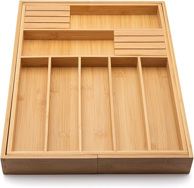 Bamboo Drawer Organizer with Knife Blocks - Silverware Organizer & Utensil Drawer Organizer, Cutlery Tray with Dividers, 7-9 Slots- Premium Kitchen Organizer for Utensils & Flatware (Natural)-NeatNest