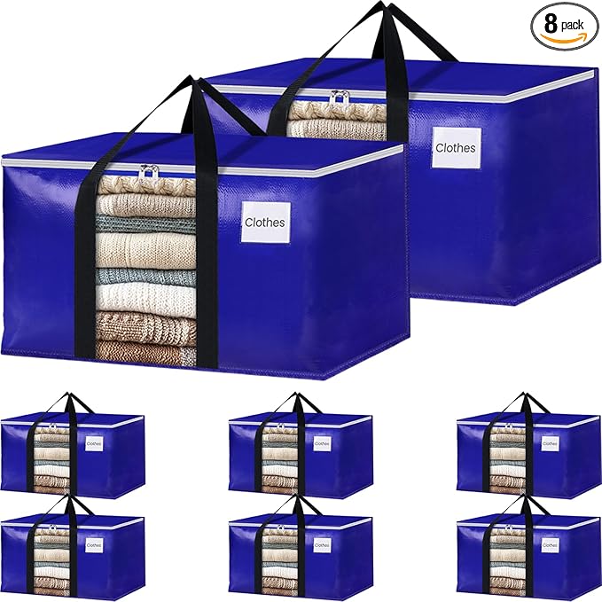 BlissTotes 8 Pack Moving Bags with Clear Window, Storage Bags with Strong Carrying Handles & Zippers,Large Packing Bags for Saving Space, Alternative to Moving Boxes(Blue,33 Gallon)-NeatNest