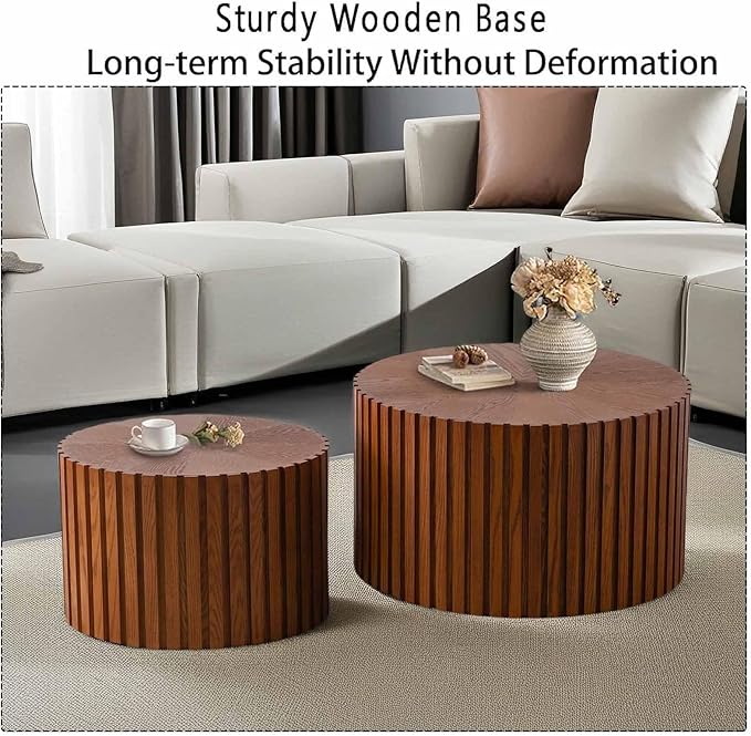 Modern Round Nesting Coffee Table Set of 2, Vertical Stripe Design Drum Coffee Table Cocktail Table, Round Side Table for Living Room, Bedroom, Office, Balcony (J15.0+18.9")