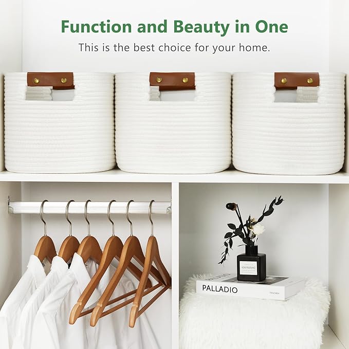 Cotton Rope Basket , Storage Baskets with Handle, 15x10x9 Inch Woven Basket for Shelves, Laundry, Towels, Clothes, Books, Toys (White 2Pack)-NeatNest