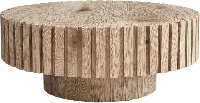 kevinplus 31.4'' Round Circle Coffee Table Modern Wood Coffee Table for Living Room, Contemporary Minimalist Fluted Drum Pedestal Style, Easy Assembly, Wood