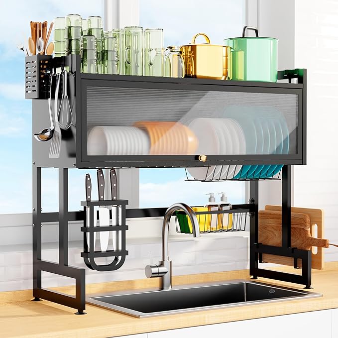 Over The Sink Dish Drying Rack, 3 Tier Over The Sink Dish Drainer Drying Rack with Cover for for Dishes, Glasses, Bowls and Cutlery, Dish Drainers Organizer for Kitchen Counter Storage