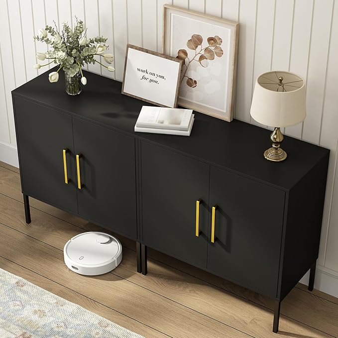 JOZZBY Buffet Sideboard Cabinet with Storage, Modern Wooden Cabinet with Adjustable Shelves, Black and Gold Cabinets for Living Room, Kitchen, Hallway, Set of 2