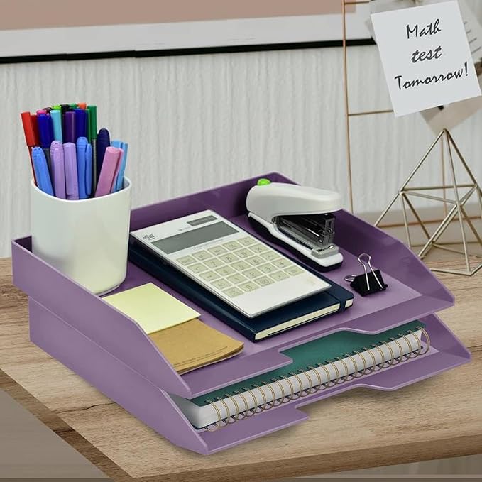 Acrimet Stackable Letter Tray 2 Tier Side Load, Plastic, Desktop File Organizer (Solid Purple Color)-NeatNest