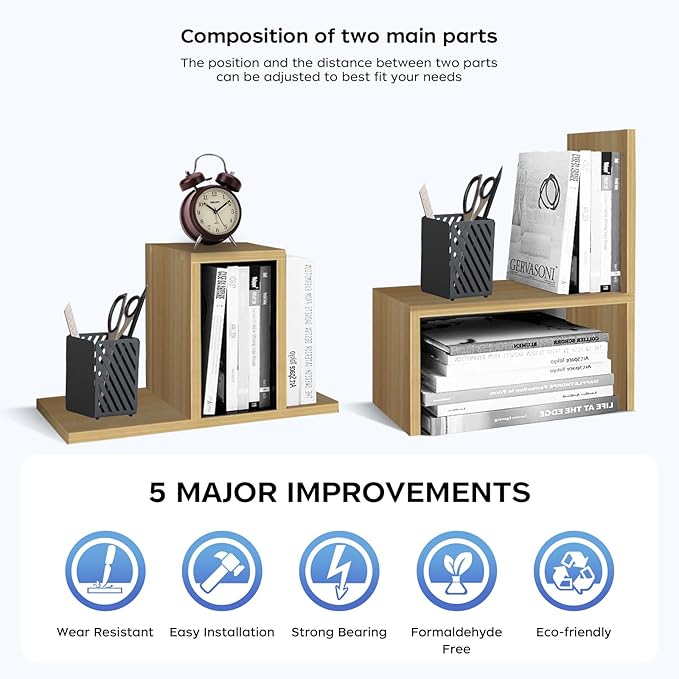 Desk Organizer Shelf Wooden Desktop Bookshelf Adjustable Desktop Organizer Shelves Small Book Shelf for Office Desk Supplies Home Storage Natural Stand Decor (Beige, Style2)-NeatNest