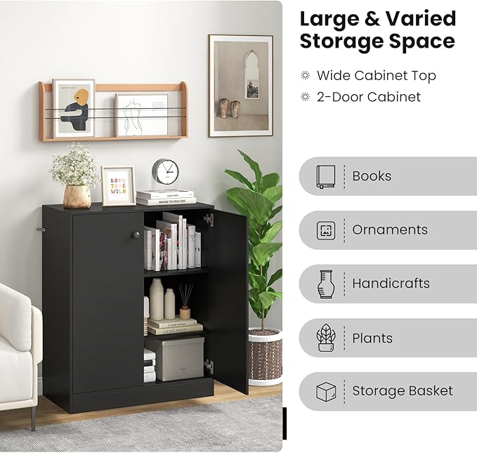 Giantex 2 Door Storage Base Cabinet - Freestanding Floor Cabinet with 3-Tier Shelf, Non-Slip Foot Pads, Kitchen Cupboard Storage Organizer for Living Room, Hallway, Entryway, Office (Black)
