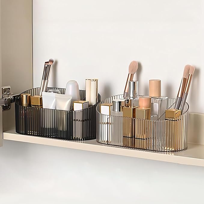 DASITON Large Capacity Makeup Brush Holder,5 Slot Makeup Brush Holder,Vintage striped Make Up Brush Holder,for Vanity Decor,Bathroom Countertops,Desk Storage Container,Cosmetic Display cases(Clear)-NeatNest